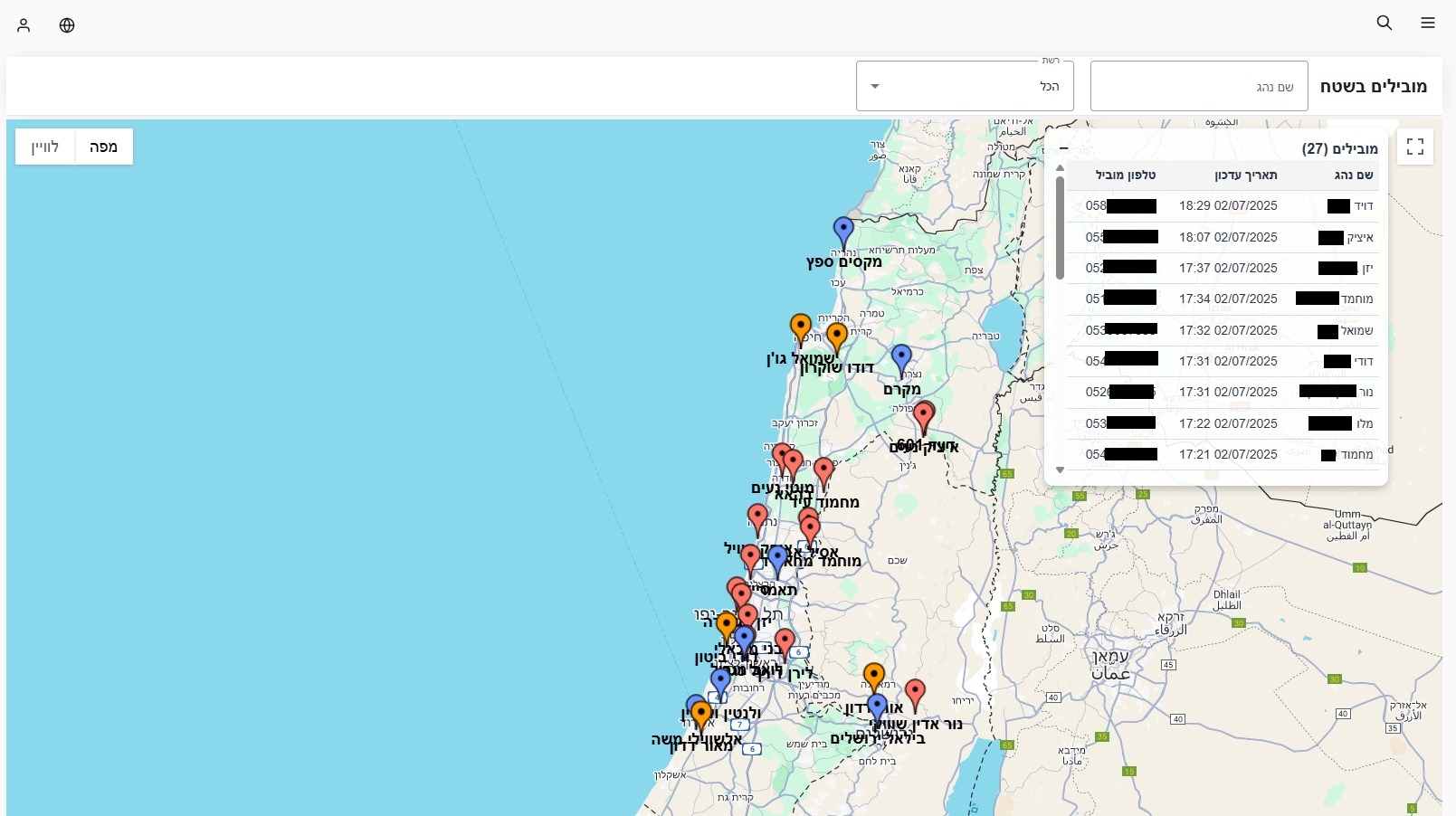 עדכון מיקום מובילים על גבי מפה